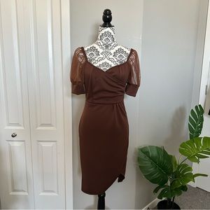 Brown Mesh Puff Sleeve Dress